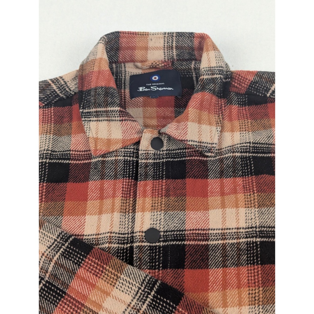 Ben Sherman Mens Plaid Cotton Button Down Shirt Orange Brown Long Sleeve Large - Picture 4 of 13